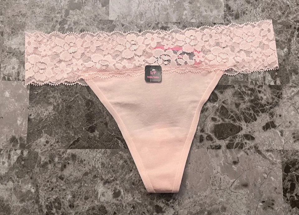 NWT LA SENZA SMALL LIGHT PINK COTTON BLEND FLORAL LACE BAND THONG PANTIES - Image 1 of 3