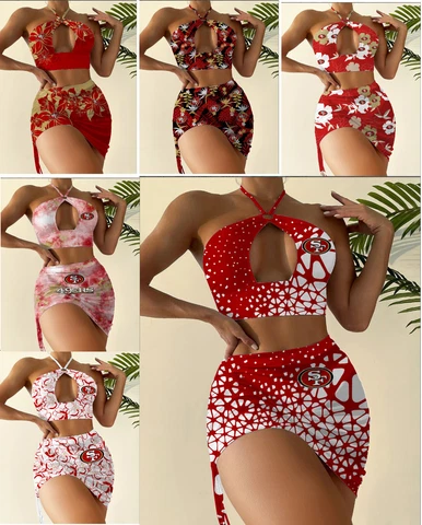 San Francisco 49ers Halter Neck Bikini Set Slim Cutout Swimsuit Sexy Bodycon Cover