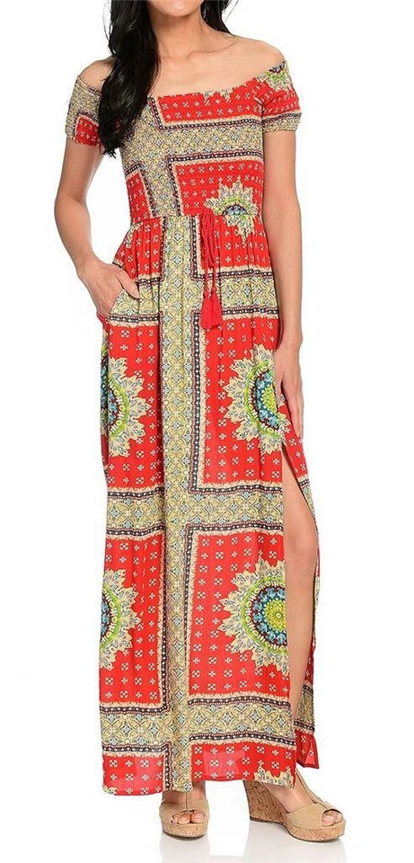 NUEVO - Maxi Vestido Band of Gypsies Manga Corta Hombro Descubierto Corpiño Calado Foto 1 de 1