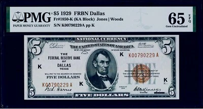 $5 1929 Federal Reserve Bank Note Dallas Fr#1850-K PMG 65 EPQ Gem Uncirculated - Image 1 of 3