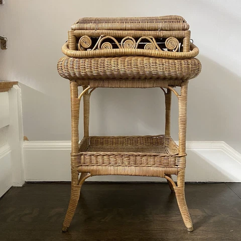Antique Victorian Wicker Sewing Stand Basket Table Cover