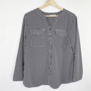 Notations Black White Button Front Split V-Neck Blouse Women's Size Large L - Picture 1 of 5