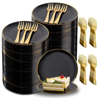 400Pcs Black Gold Dessert Plates 6.3" with Forks 5"- 200PCS Small Disposable ... - Image 1 of 4