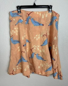 Anthropologie Meadow Rue Skirt Size 14 Linen Knee Length Peach Blue Bird A Line - Picture 1 of 9