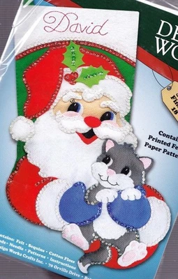 DIY Design Works Santa Kitten Gray Cat Holiday Christmas Felt Stocking kit 5255 - Image 1 of 4