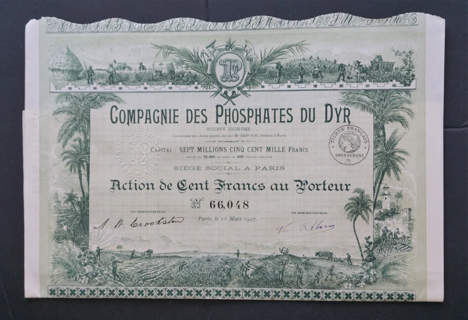 Argelia - Phosphates du Dyr - 1927 - participación por 100 francos - DECO- Foto 1 de 1