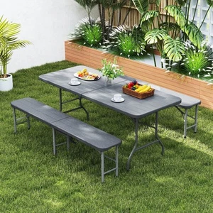 3 PCS Folding Picnic Table Set w/ 6 ft Table & 2 Benches HDPE Wood-Like Tabletop - Picture 1 of 9