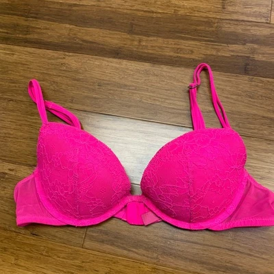 PINK Victoria's Secret Heartbreaker Plunge Push Up Bra Bright Pink Size 36A Lace - Image 1 of 4