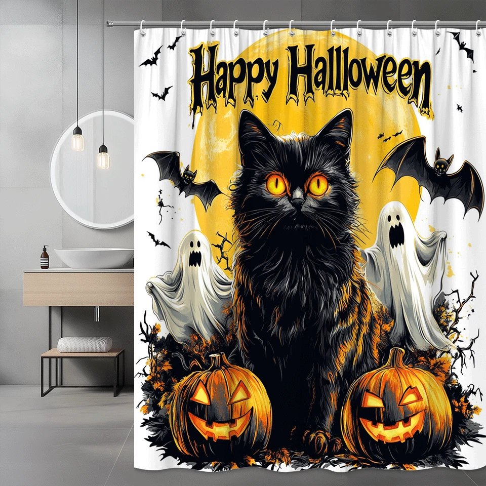 Cortina de chuveiro Halloween gato, design fantasma abóbora gato preto, banheiro assustador - Imagem 1 de 4
