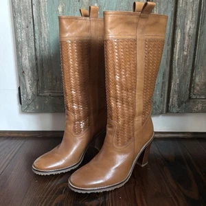 Cole Haan Braided Camel Leather Tall Heel Western Boots Made in Brazil Sz 9, EUC - Picture 1 of 8