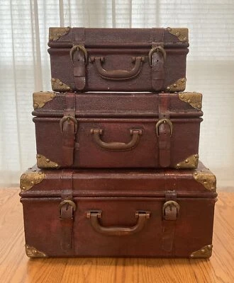 Гнездование сундуков искусственной кожи отпариватель чемодан 3Pc набор реплика латуни края дисплей - Изображение 1 из 4