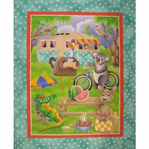 Outback Camping Australian Caravan Emu Kangaroo Koala Cotton Quilting Fabric Pnl - Picture 1 of 3