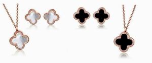 Rose Gold Flower Four-leaf Lucky Clover Black/White Set: Earrings + Necklace