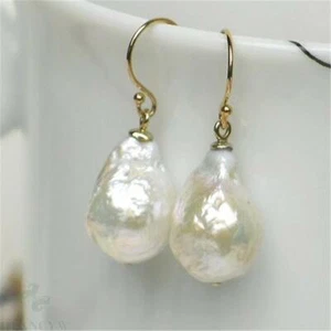 13x15 Natural White Drops Baroque Pearl Earring 18k Hook Irregular Flawless - Picture 1 of 3