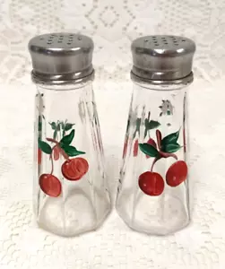 VTG Glass SALT PEPPER SHAKERS Hand Painted CHERRY Cherries DAISY Fast Ship - Picture 1 of 19