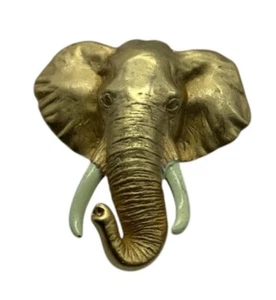 Broche prendedor cabeza elefante dorado firmado por AJC de colección colmillos color marfil 2" RARO - Imagen 1 de 7