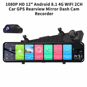 1080P HD 12" Android 8.1 WIFI 4G Dual Lens Car GPS Rearview Mirror Dash Cam DVR - Picture 1 of 13