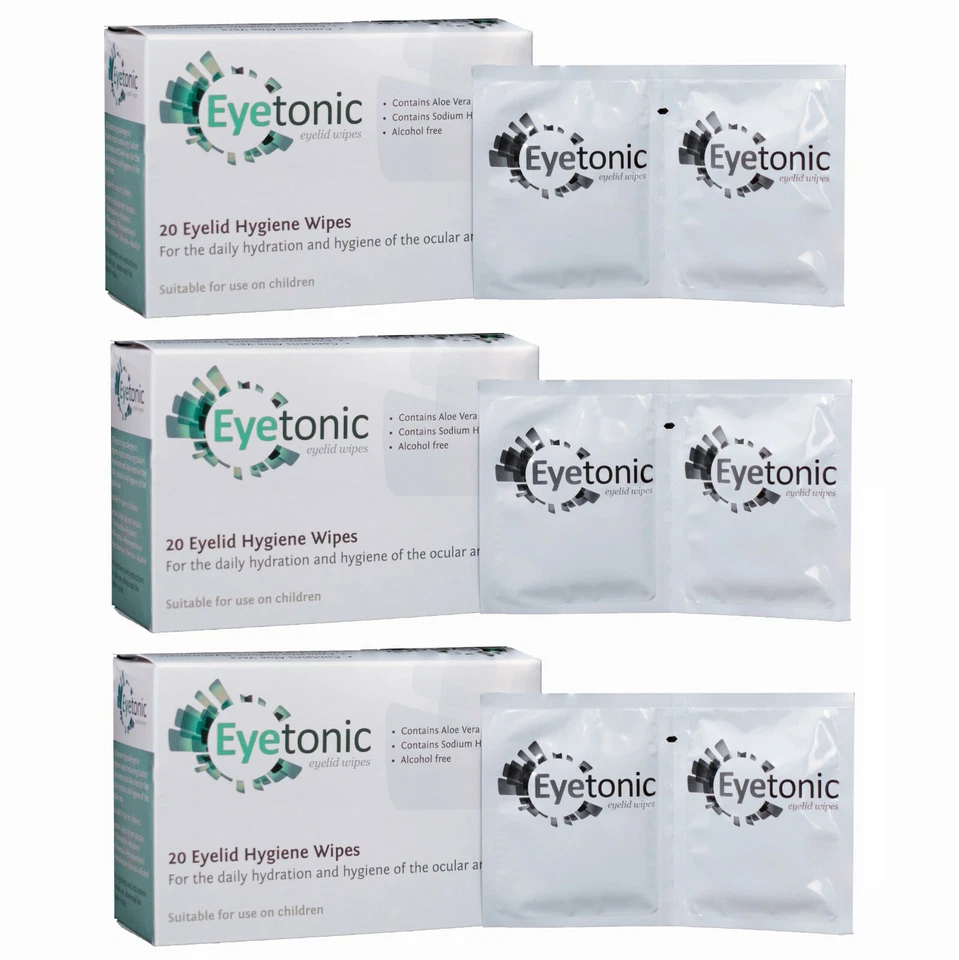 3 x Eyetonic Eyelid Cleansing Wipes for eye hygiene/blepharitis 20 wipes per box