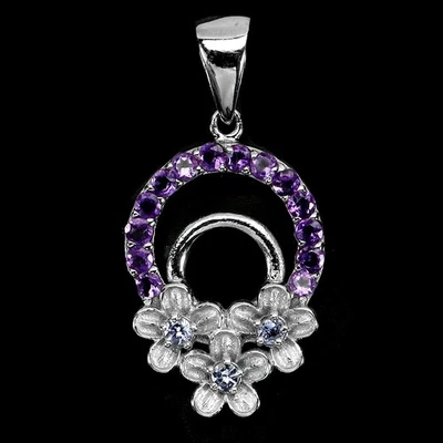 Colgante de plata de ley 925 redondo tanzanita amatista flor piedras preciosas joyería Foto 1 de 4