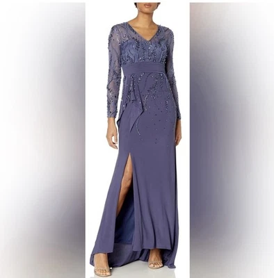 Vestido alto bajo azul con cuello en V adornado y mangas alfil nuevo con etiquetas Foto 1 de 4