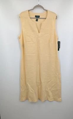 NEW Ralph Lauren Women's Midi Dress 20W 100% Linen Yellow V Cut Neck Back Porch - Image 1 of 4