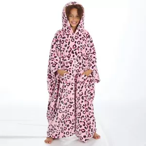 Kids Oversized Poncho Girls Fleece Hooded Pink Leopard Print Robe 7-13 Years - Picture 1 of 13