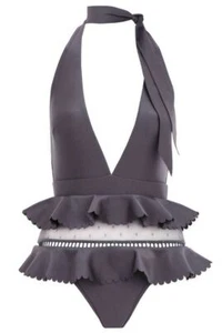 Zimmermann Honour Halter Tie One Piece | Steel/Grey, Lattice Frill, Mesh $500 RP - Picture 1 of 5