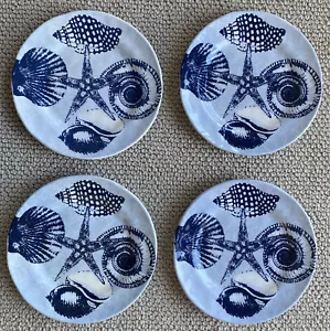 Merritt Melamine Salad Plates 8.25" Navy Blue Seashells Beach Sea Starfish set 4 - Picture 1 of 12