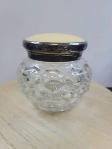 Vintage Faceted Glass Vanity Jar Metal Lid Honeycomb Bubble Pattern Clear Glass - Picture 1 of 9