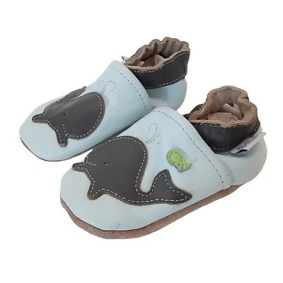 Zapatos de cuna de cuero Petit Marin azul ballena suelas suaves gamuza tostada 6-12 meses bebé niño Foto 1 de 4