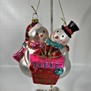 Large Blown Glass Snowman Ornament Our First Christmas Gift Holiday Glitter - Picture 1 of 5