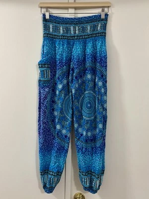 Harem Pants Vibrant Blue Polka Mandala Boho Yoga Pocket Elastic Waist Cozy SMALL - Image 1 of 4