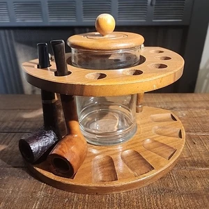 7 Pipe Wooden Stand With Humidor Walnut Holder Rack  - Picture 1 of 8