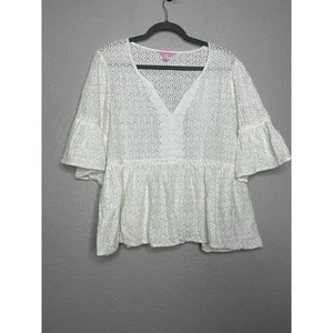 Lilly Pulitzer Lace Eyelet Peplum Boho Blouse Top White Size Large - Picture 1 of 11