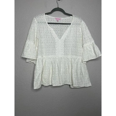 Blusa Top Lilly Pulitzer Encaje Ojales Peplum Boho Blanca Talla Grande Foto 1 de 4