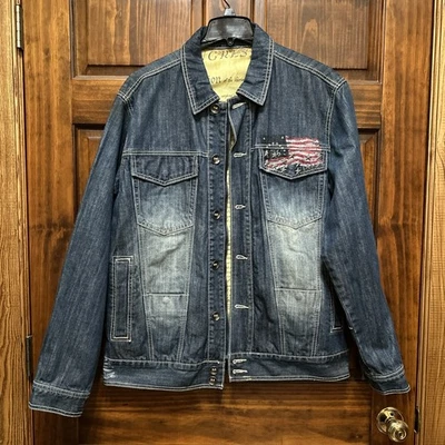 Jaqueta jeans vintage Pelle Pelle Marc Buchanan azul denim declaração 1776 bandeira GG - Imagem 1 de 4