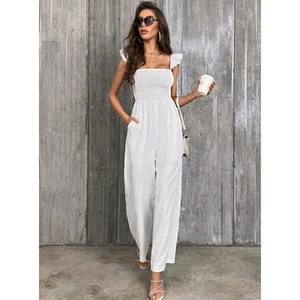 Women’s Smocked Ruffle Trim Slant Pocket Jumpsuit White SZ Small - Picture 1 of 8