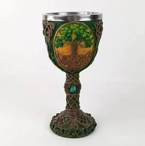 Tree Of Life Chalice Goblet 10 Oz Wine Cup Celtic Green Stone Jewel Pagan Witchy - Picture 1 of 12