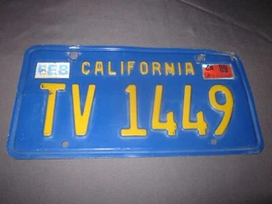 Placa de licencia vintage de California azul amarillo personalizada TV 1449 '89 etiqueta - Imagen 1 de 7