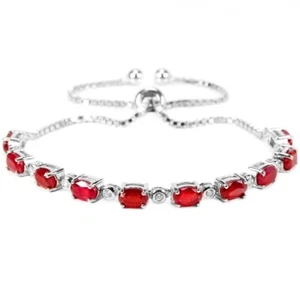 GENUINE AAA BLOOD RED RUBY OVAL & WHITE CZ STERLING 925 SILVER BRACELET 5-9" - Picture 1 of 6