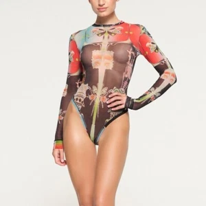 NWT SKIMS Summer Mesh Long Sleeve Thong Bodysuit Orchid Cabinet RARE Size Large - Picture 1 of 8