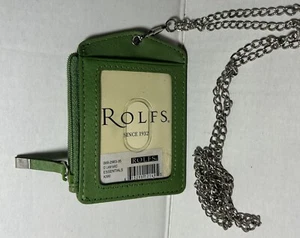 Rolfs leather badge holder green lanyard zippered with neck chain & card slots - Picture 1 of 5