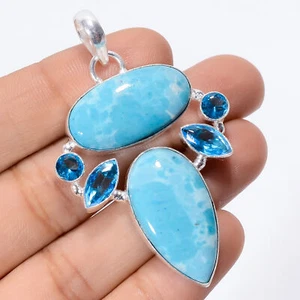 Lab-Created Larimar Blue Topaz Gemstone 925 Silver Handmade Pendant 2.2" ARP3802 - Picture 1 of 3