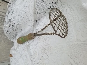 Vintage Potato Masher Steel Farm Round w/ Wooden Handle Braided Metal Green - Picture 1 of 4