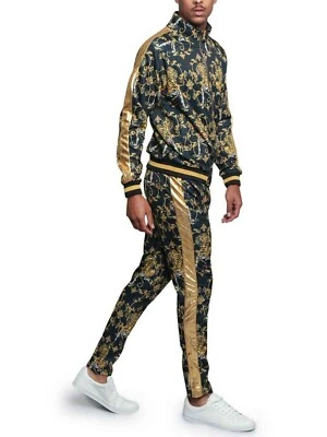 Men's Gold Accent Tiger Print Track Suits 2 Piece Sweat suit Set - ST556EY-G1C - Image 1 of 2