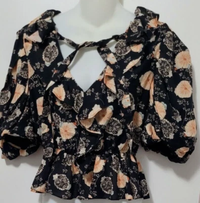 Ulla Johnson Nadya Black Floral Puffed Top Blouse Peplum Elastic Waist Sz 4 $295 - Image 1 of 4