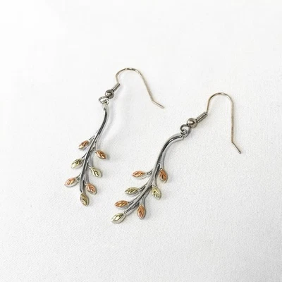 Vintage RGC Black Hills Gold 925 12K Leaf Stem Dangle Earrings - Image 1 of 4