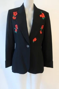 Womens Laurel Black Red Embroidered Floral Motif 100% Wool Blazer Jacket 38 US/M - Picture 1 of 7