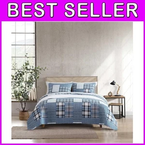 Queen Bedding Set - Reversible Plaid Quilt - Hawthorne Blue - Picture 1 of 12