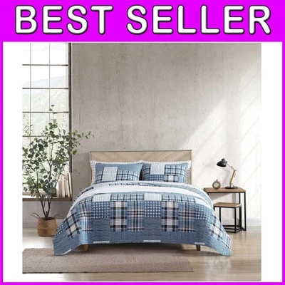 Queen Bedding Set - Reversible Plaid Quilt - Hawthorne Blue - Image 1 of 4